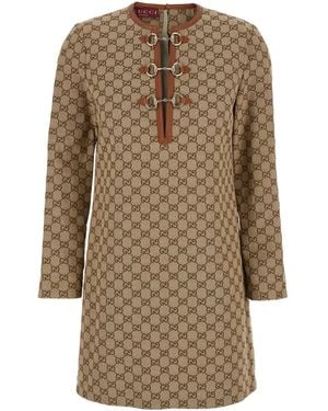 Gucci Crewneck Mini Dress With Horsebit On The Front - Natural