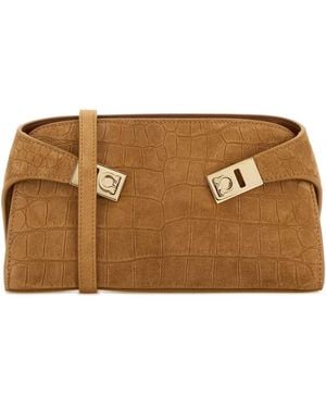 Ferragamo Camel Suede Mini Hug Crossbody Bag - Brown