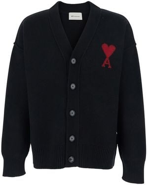 Ami Paris V-Neck Cardigan With Adc Embroidery On Front - Blue