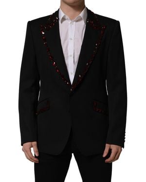 Dolce & Gabbana Crystal Embellished Coat Blazer Jacket Virgin Wool Silk Polyester Clothing - Black