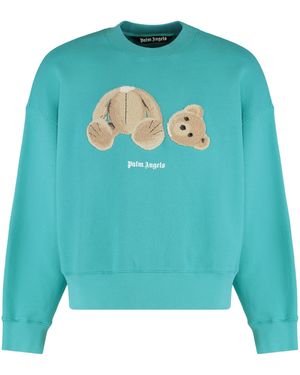 Palm Angels Crew Neck Cotton Sweatshirt With Patch Bear Sweatshirts - Blue
