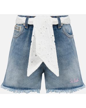 MC2 Saint Barth Kiko Jr Denim Shorts With Sangallo Lace And Embroidered Details Pant - Blue