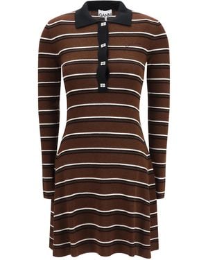 Ganni Striped Wool Polo Dress Ovis Aries - Brown