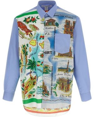 Comme des Garçons Asymmetric Hem Shirt With Vibrant Landmark Prints - Blue