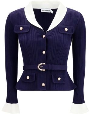 Self-Portrait Ribbed Cardigan - Blue