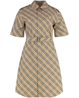 Burberry Checked Cotton Shirtdress With Coordinated Waist Belt - Natural