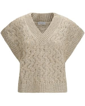 Brunello Cucinelli Silk Blend Sequined Vest Knitwear - Gray