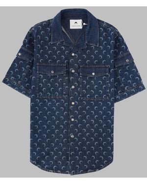 Marine Serre Denim Shirt With All-Over Print Cotton - Blue