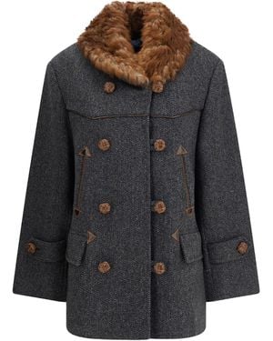Prada Double-Breasted Caban With A Shearling Trim - Grey