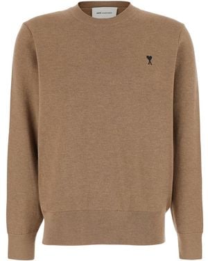 Ami Paris Crewneck Sweater Ami De Coeur Wool And Cashmere Blend Tops - Brown