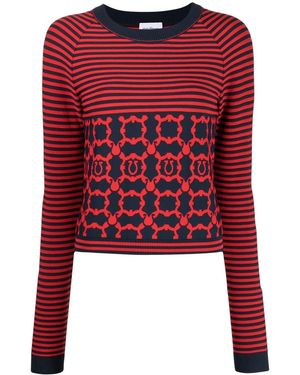 Ferragamo Striped Gancini Long-Sleeve Top - Red