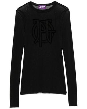 Jean Paul Gaultier Sheer Mesh Velvet Logo Long-Sleeved Top - Black
