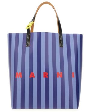 Marni Striped Tribeca Shopping Bag With Logo - Blue