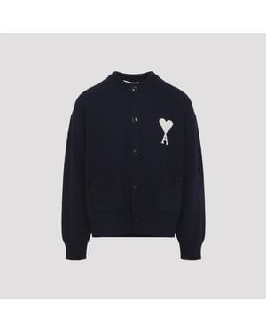 Ami Paris Ami Wool And Cotton Cardigan Sweater - Blue
