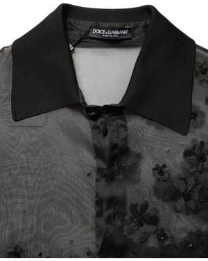 Dolce & Gabbana Floral Applique Sheer Short Sleeve Shirt Silk - Black