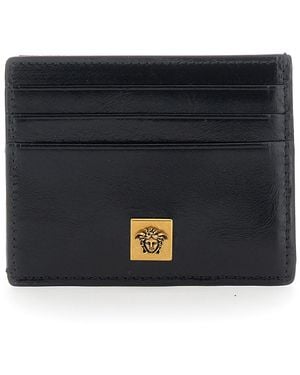 Versace Leather Card Holder With Embossed Logo, 10X8X1 Cm, Six External Compartments - Black