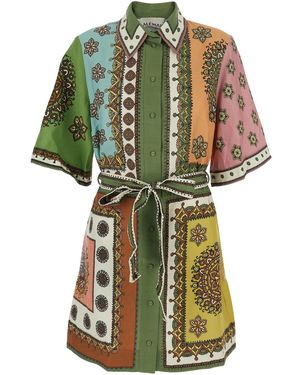 ALÉMAIS Mini Dress Contina With Front Belt And All-Over Print - Green