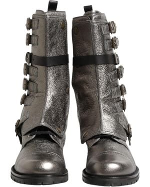 Dolce & Gabbana Metallic Combat Biker Mid Calf Boots Shoes Leather - Grey