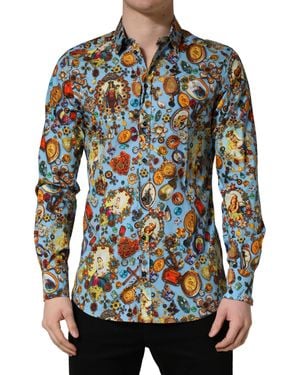 Dolce & Gabbana Blue Cotton Jewel Print Button Down Gold Shirt
