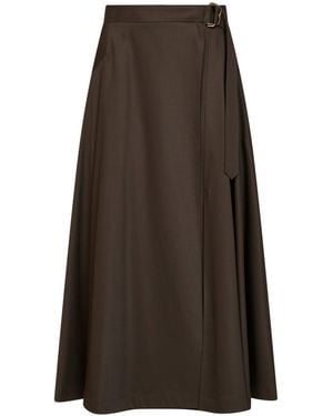 Burberry Wool Twill Belted Midi Skirt - Brown