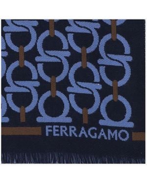 Ferragamo Wool Scarf With Hook Pattern - Blue