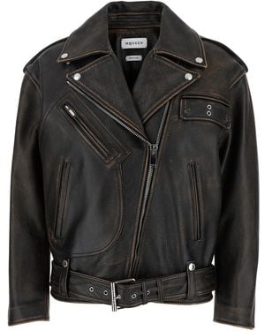 McQueen Antiqued Biker Jacket With Wide Classic Lapels And Decentralized Zip Closure - Black