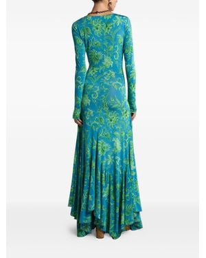 Etro Long Stretch Jersey Dress With Floral Motif - Green