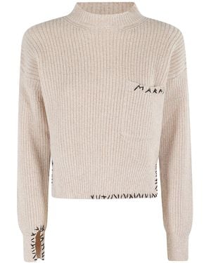 Marni Asymmetrical Turtleneck Sweater With Ribbed Texture - Natural