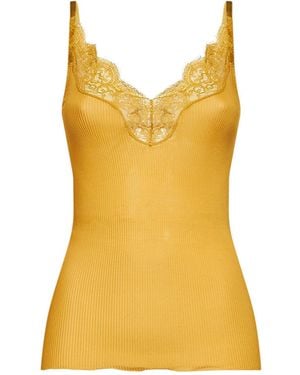 Saint Laurent Ribbed Silk Jersey Laced Tank Top - Yellow