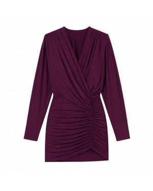 Amazuìn Mulberry Lightweight Stretch Jersey Long-Sleeved Gathered Mini Dress With V-Neckline - Purple