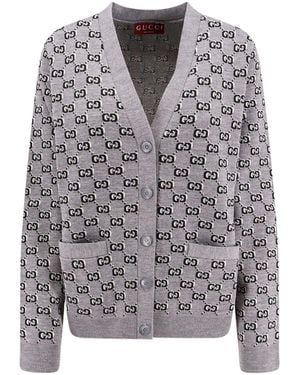 Gucci Wool Blend Cardigan With All-Over Gg Motif - Gray