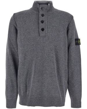 Stone Island High Neck Jumper With Button Closure On The Front And Logo Patch On The Sleeve - Grey