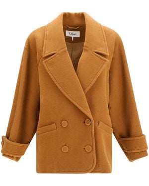 Chloé Double-Breasted Herringbone Wool Short Coat Merino Ovis Aries - Brown
