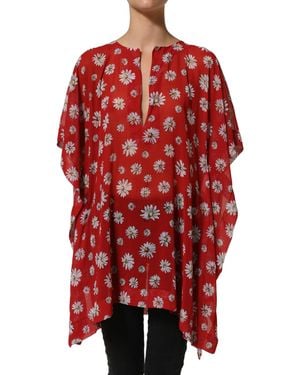 Dolce & Gabbana Floral V-Neck Polyester Kaftan Blouse Top - Red