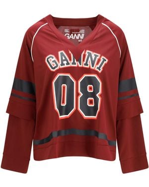 Ganni Cocora Double-Layer Long-Sleeve T-Shirt Polyester T-Shirts - Red