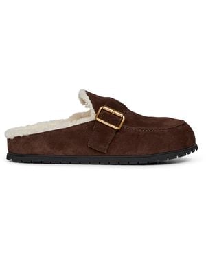 Prada Mules Dark Suede & Shearling Calf Leather - Brown