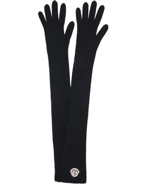 Moncler Logo Patch Virgin Wool Long Gloves - Black