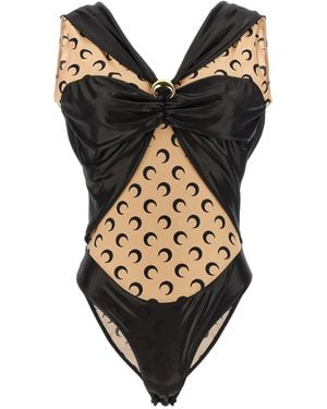 Marine Serre Patchwork Bodysuit With All-Over Logo Print - Black