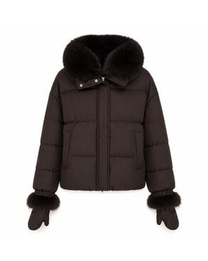 Yves Salomon Dark Technical Fabric Down Jacket With A Fox Fur Collar And Detachable Mittens - Black