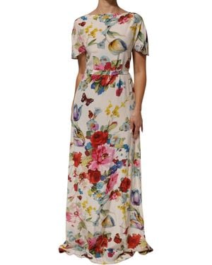 Dolce & Gabbana Floral Print Silk Sheath Longgown Dress 11+Se - White