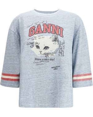 Ganni Cotton Melange 3/4 Sleeve T-Shirt - Blue