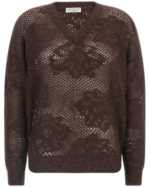 Brunello Cucinelli 'Flower Lace' Jumper - Brown