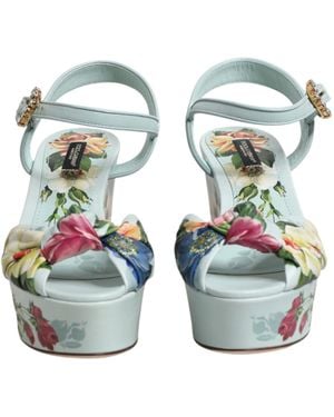 Dolce & Gabbana Floral Ankle Strap Wedge Sandals Shoes 100Lf - Blue