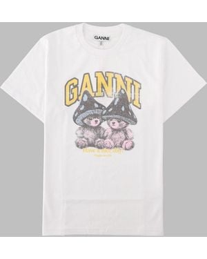 Ganni Printed T-Shirt Organic Cotton T-Shirts And Polos - White