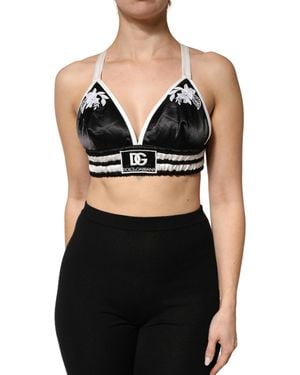 Dolce & Gabbana Floral Silk Satin Crop Logo Bralette Top Polyester Spandex - Black