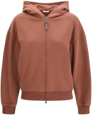 Brunello Cucinelli Hooded Smooth Cotton Sweatshirt With Shiny Zipper Pull Sweatshirts - Brown