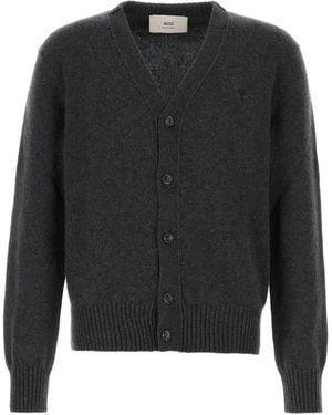 Ami Paris Charcoal Cashmere Blend Cardigan - Black