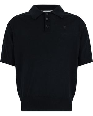 Ami Paris Short-Sleeve Wool Sweater Polo Shirts - Black
