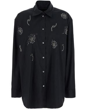 Plain Shirt With Classic Collar And Rhinestone Embellishments On The Front - Black