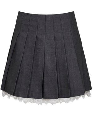 Self-Portrait Wool Blend Pleated Mini Skirt With Lace Insert - Black